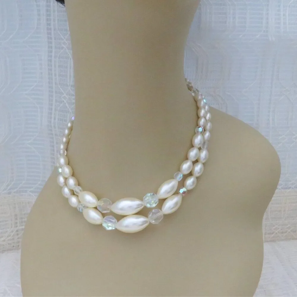 Vintage Necklace and Earring Set Women Faux Pearl and Crystal Glamorous Evening